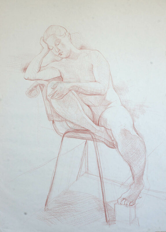 Petr Mucha - study drawing - Sitting Young Lady with Rested Head - 2016 - 75 x 110cm - red coal on paper