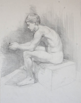 Petr Mucha - study drawing - Sitting Young man with Cellphone - 2017 - 65 x 80cm - pen on paper