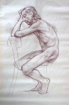 Petr Mucha - kresebná studie - Sedící muž - 2011 - 110 x 140cm - hnědá rudka na papíře