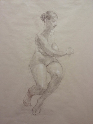 Petr Mucha - studie v kresbě - Sedící dívka - 2017 - 100 x 120 cm - hnědá rudka a bílá křída na papíře